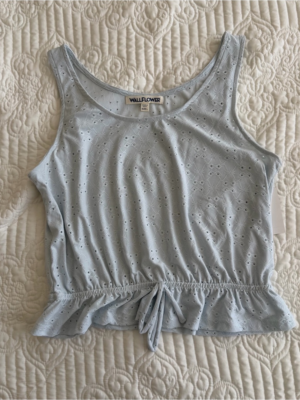 WallFlower NWT Light Blue Eyelet Knit Peplum Tank Top Cinch Tie Hem Large
